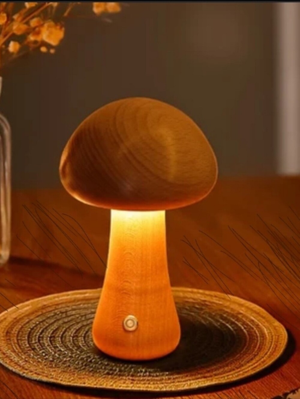 New Cute Night Light Natural Wood Mushroom LED Portable & Cordless Ambient Decor